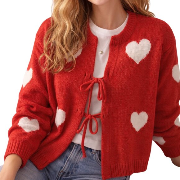 Sincerly Jules Sweaters - NWT Sincerely Jules Women Knit Cardigan Red Heart Print Tie Front – Size L